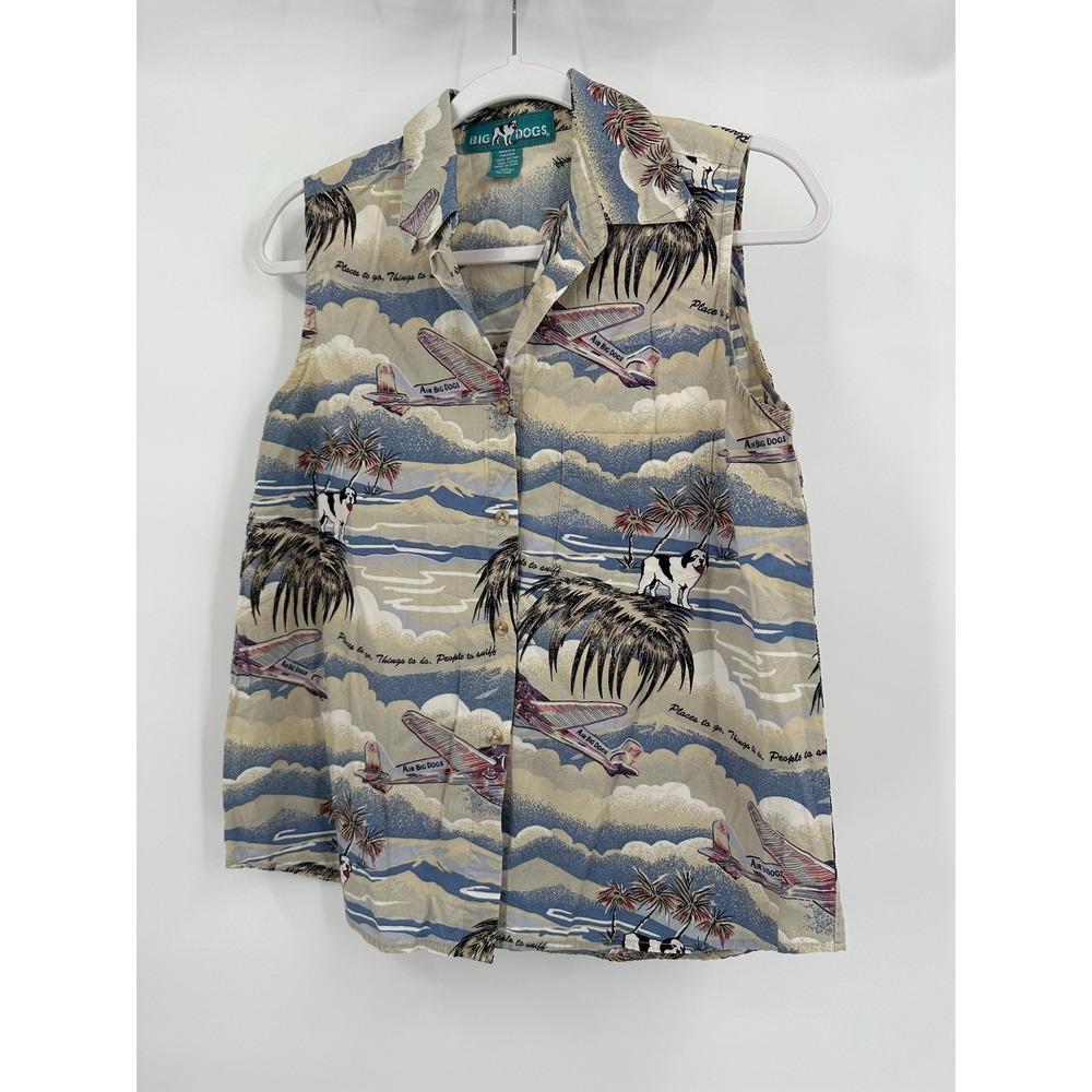 Big Dogs Vintage Womens Aviation Novely Print Hawaaian Shirt Size S St Bernard